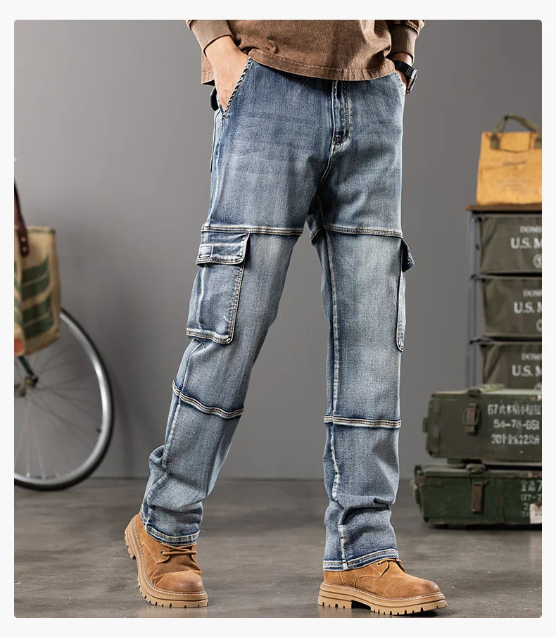 Jeans multi-poches coupe droite pour hommes, vêtements de travail à jambes larges en plein air, grande taille, 42, 44, nouveaux styles, automne et hiver