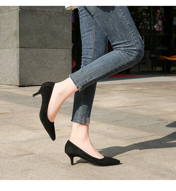 Femmes daim chaussures simples 5CM mode bout pointu sans lacet talons hauts printemps automne bouche peu profonde pompes à talons aiguilles grande taille 45 46