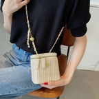 Mini sac à bandoulière seau en paille pour femmes, sacs à main et bourses de marque tissés avec chaîne à la mode, sacs à bandoulière simples, été 2026