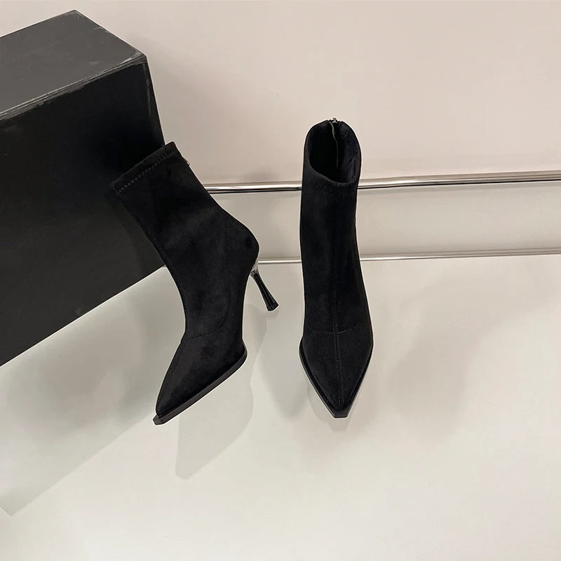 Bottines à talons hauts et bout pointu pour femme, chaussures de soirée de danse élégantes, à la mode, courtes et fines, extensibles, automne et hiver