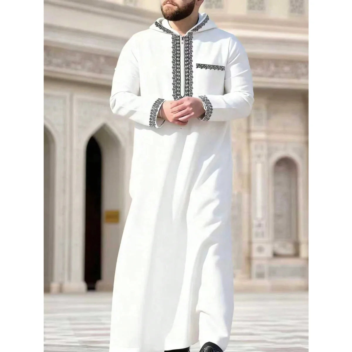 Robe longue élégante rétro brodée du Moyen-Orient pour hommes musulmans, vêtement ethnique islamique à capuche, tenue décontractée au design simple et élégant