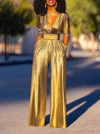 Uoozee – combinaison Sexy à col en v profond, taille haute, jambes larges, manches longues, couleur unie, tenues de fête amples, nouvelle collection 2026