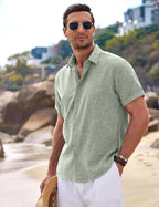 Chemise décontractée à manches courtes pour hommes, couleur unie, pull à boutons, lin, coton, confortable, haut quotidien, chemise de plage, d'été