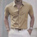 Chemise décontractée pour hommes de couleur unie, tissu extensible à manches courtes décontracté à la mode, chemise formelle d'affaires, tissu confortable