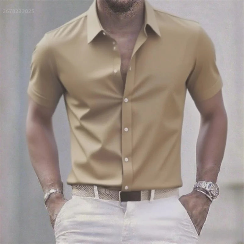 Chemise décontractée pour hommes de couleur unie, tissu extensible à manches courtes décontracté à la mode, chemise formelle d'affaires, tissu confortable