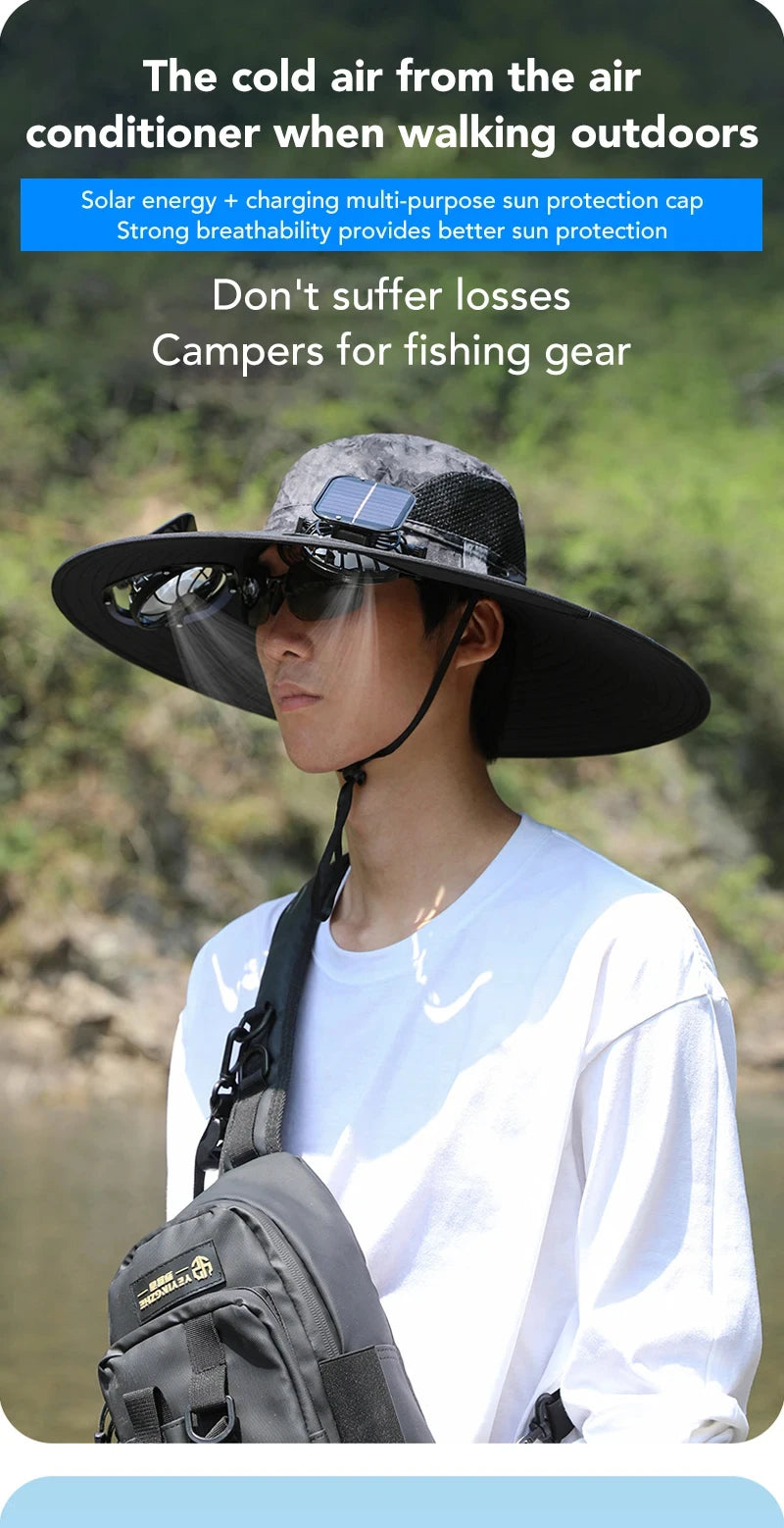 Chapeau solaire à double ventilateur à large bord, pour Camping en plein air, pêche, Anti-UV, pour hommes, escalade, Protection solaire, chapeau de pêcheur