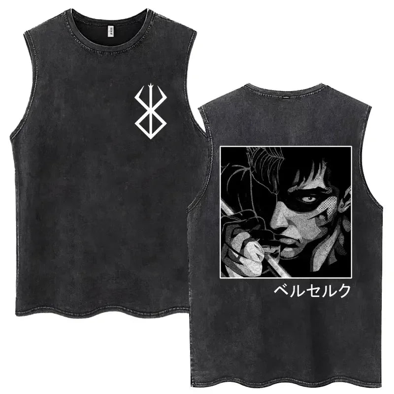 Anime Berserk Guts lavé Harajuku débardeurs rétro Manga Gatsu Griffith Zodd t-shirts sans manches unisexe coton surdimensionné T-Shirt