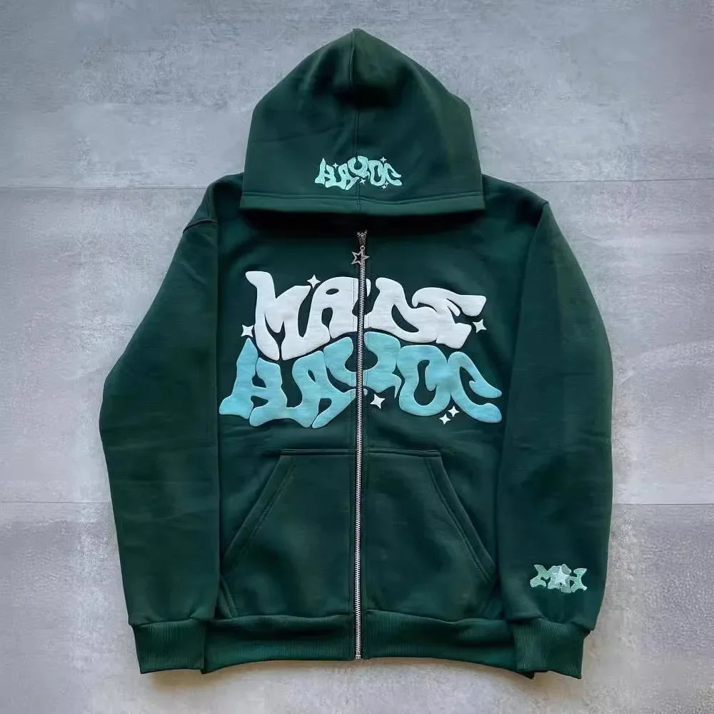 Sweat-shirt à capuche avec fermeture éclair et lettres américaines rétro, adapté aux hommes et aux femmes portant une veste Y2K, cardigan automne/hiver