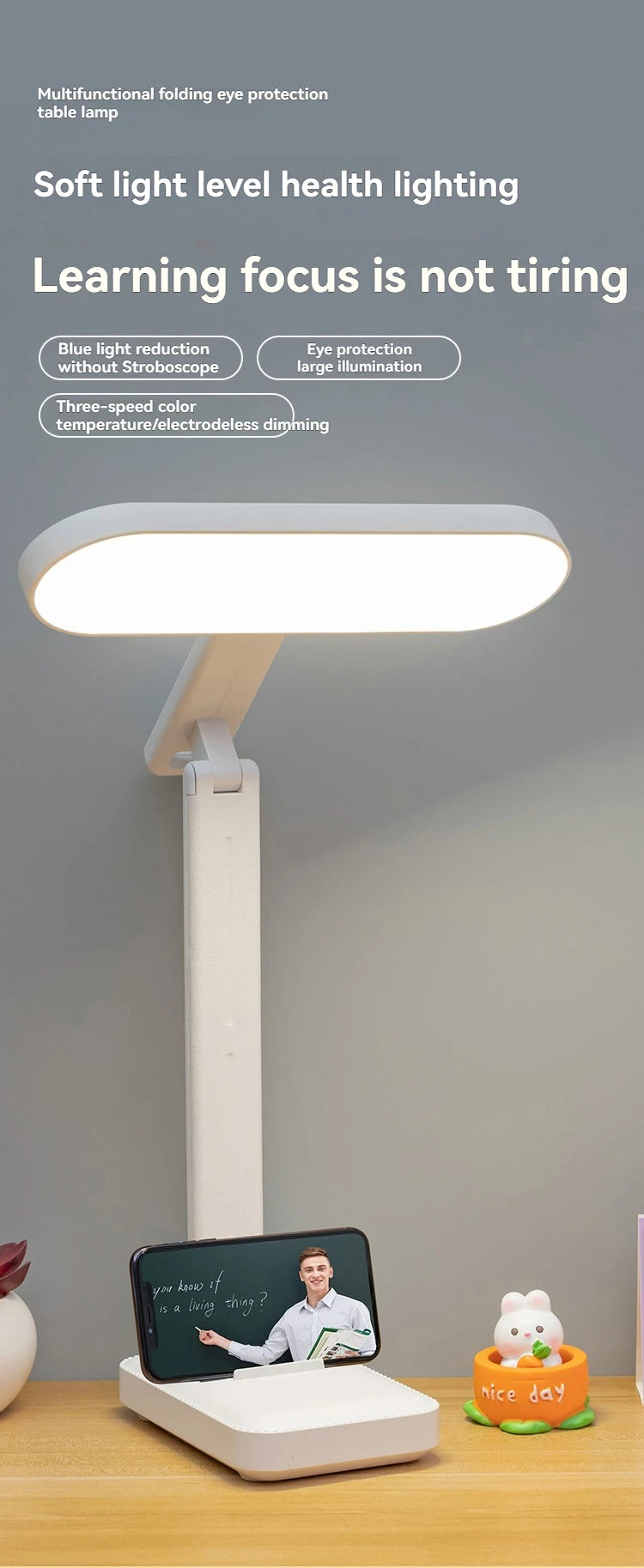 Lampe de bureau pliable rechargeable pour la protection des yeux pour l'étude, lampe de lecture spéciale pour dortoir, lampe de bureau à domicile à gradation à double usage rechargeable par USB et enfichable