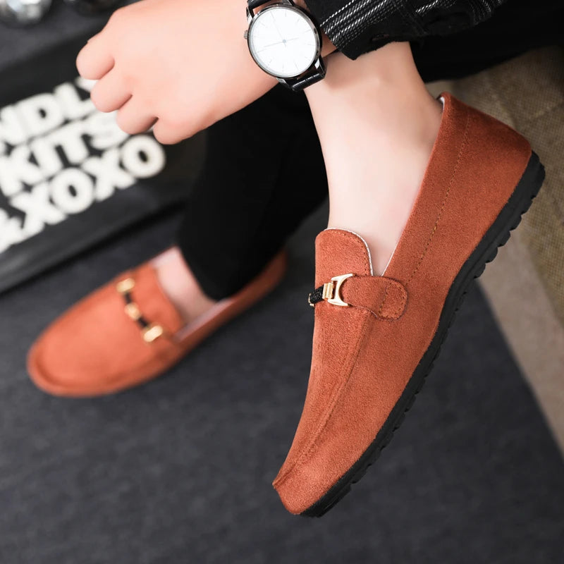 Mocassins en daim bleu pour hommes, chaussures de conduite plates respirantes, mocassins souples à enfiler, chaussures décontractées en cuir faites à la main, printemps et été