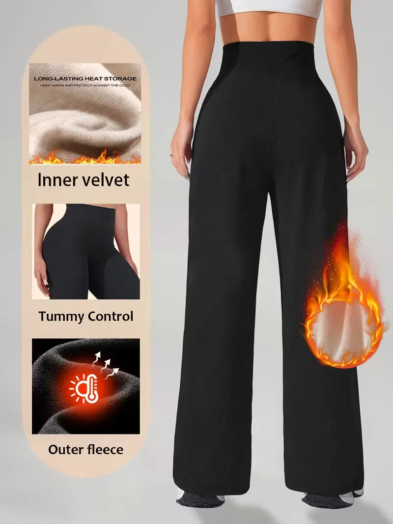 Pantalon large doublé polaire chaud, taille haute, coupe droite, pour femme, vêtement doux et décontracté, idéal pour l'extérieur en hiver