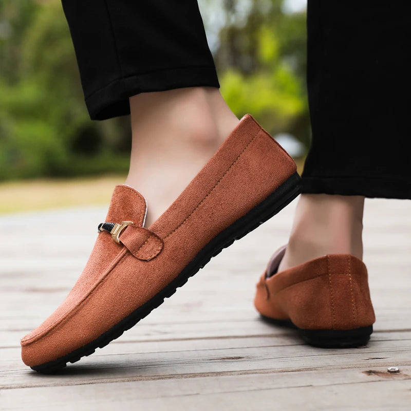 Mocassins en daim bleu pour hommes, chaussures de conduite plates respirantes, mocassins souples à enfiler, chaussures décontractées en cuir faites à la main, printemps et été