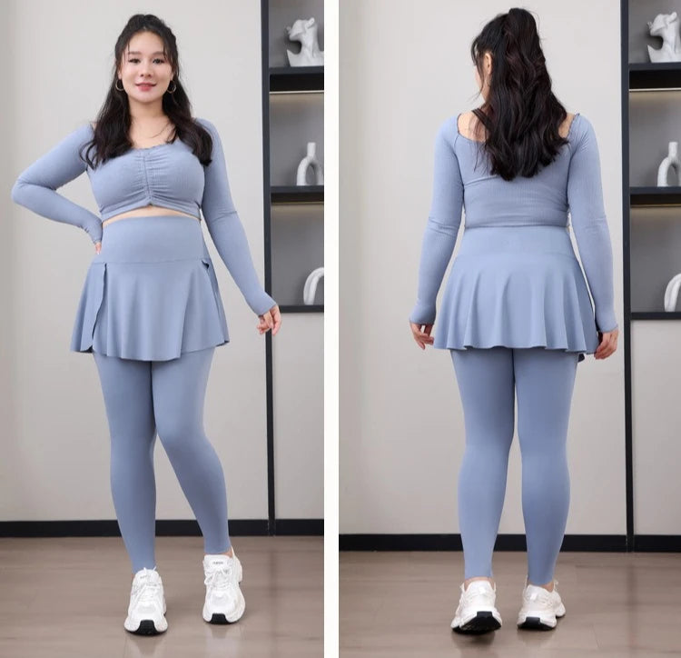 Leggings de Yoga faux deux articles, grande taille, 200lb, avec poches, jupe taille haute en peau de requin, pantalon d'entraînement, collants Slim