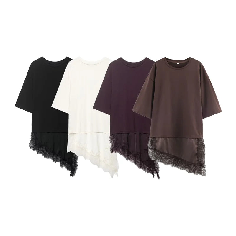 T-shirt asymétrique à manches mi-longues pour femmes, avec garniture en dentelle, pour la rentrée scolaire, tenue décontractée quotidienne, haut polyvalent à la mode, 4 couleurs