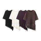 T-shirt asymétrique à manches mi-longues pour femmes, avec garniture en dentelle, pour la rentrée scolaire, tenue décontractée quotidienne, haut polyvalent à la mode, 4 couleurs