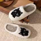 Pantoufles d'intérieur pour femmes, pantoufles d'hiver avec chat noir, pantoufles mignonnes pour filles, chambre à coucher, semelle souple antidérapante, chaussures de maison confortables en coton