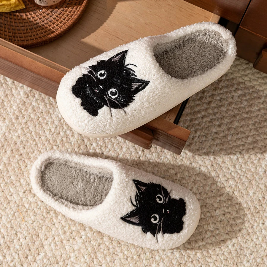 Pantoufles d'intérieur pour femmes, pantoufles d'hiver avec chat noir, pantoufles mignonnes pour filles, chambre à coucher, semelle souple antidérapante, chaussures de maison confortables en coton