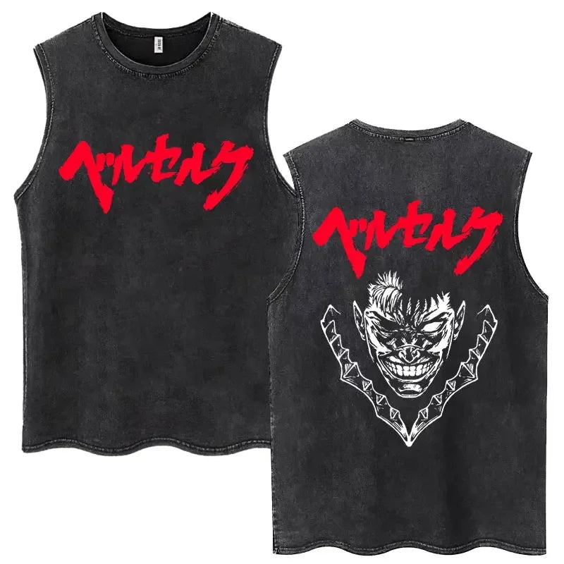 Anime Berserk Guts lavé Harajuku débardeurs rétro Manga Gatsu Griffith Zodd t-shirts sans manches unisexe coton surdimensionné T-Shirt