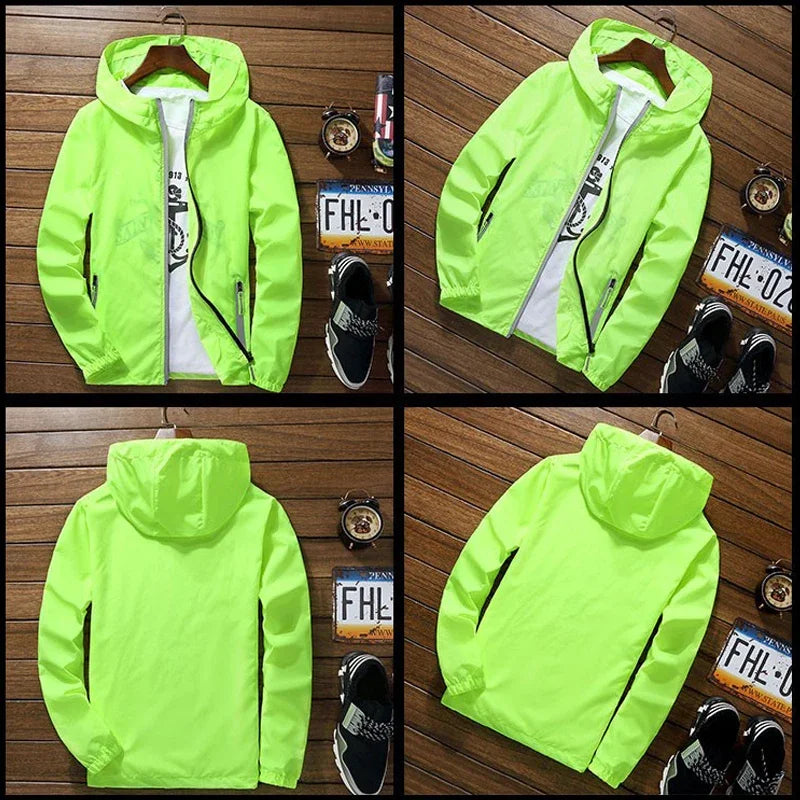 Veste fine réfléchissante de film pour hommes, coupe-vent à capuche, veste de sport de pilote, veste de pilote de vélo de plage