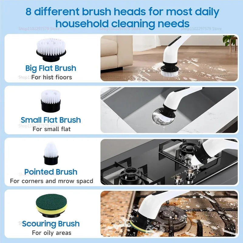 Épurateur électrique 9 en 1, brosse de nettoyage sans fil, douche, poignée d'extension réglable, étanche pour baignoire, carrelage et sol