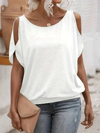 T-shirt pour femme à épaules dénudées, manches courtes, en maille douce unie, coupe ample, décontracté, chic, respirant, pour le quotidien, printemps-été