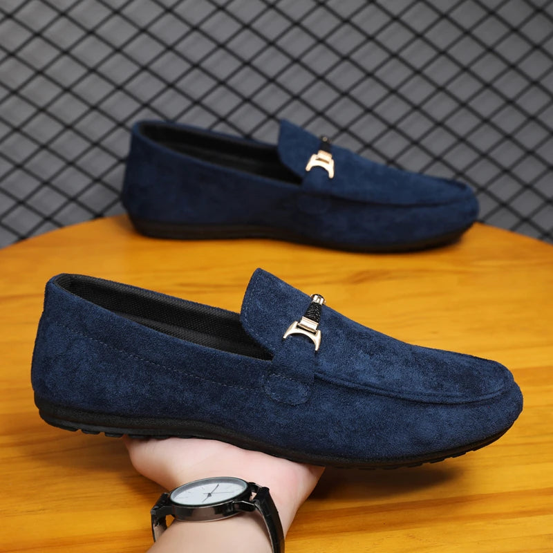 Mocassins en daim bleu pour hommes, chaussures de conduite plates respirantes, mocassins souples à enfiler, chaussures décontractées en cuir faites à la main, printemps et été