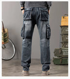 Jeans multi-poches coupe droite pour hommes, vêtements de travail à jambes larges en plein air, grande taille, 42, 44, nouveaux styles, automne et hiver