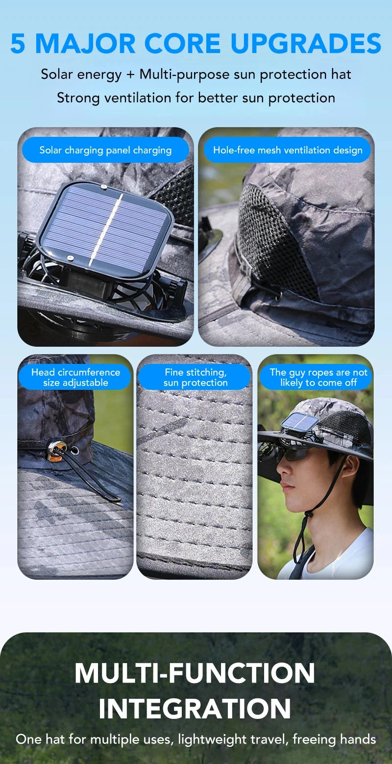 Chapeau solaire à double ventilateur à large bord, pour Camping en plein air, pêche, Anti-UV, pour hommes, escalade, Protection solaire, chapeau de pêcheur