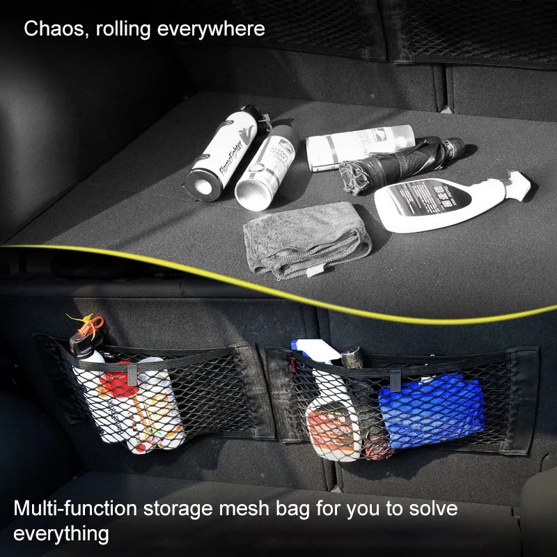 Filet de rangement pour coffre arrière de voiture, filet en maille pour siège, corde élastique, autocollant magique, sac de rangement universel, organisateur de poche pour voiture
