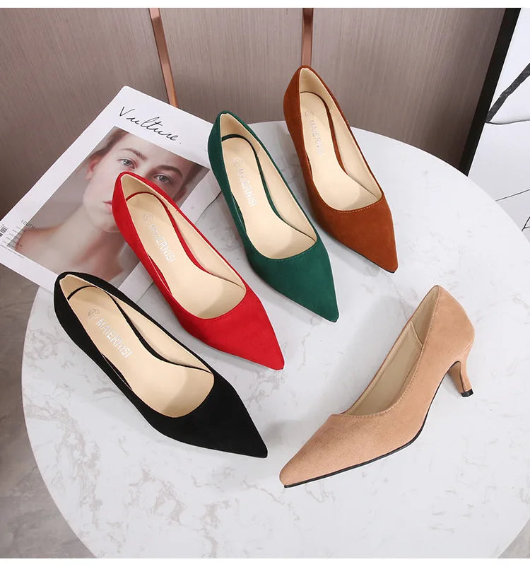 Femmes daim chaussures simples 5CM mode bout pointu sans lacet talons hauts printemps automne bouche peu profonde pompes à talons aiguilles grande taille 45 46