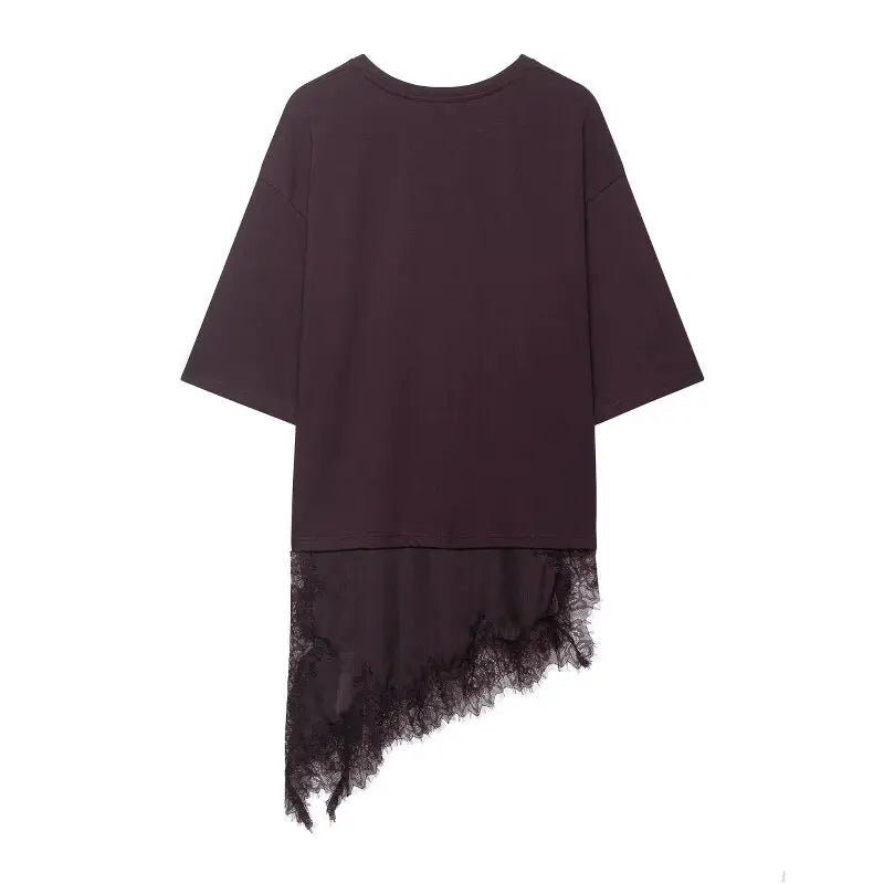T-shirt asymétrique à manches mi-longues pour femmes, avec garniture en dentelle, pour la rentrée scolaire, tenue décontractée quotidienne, haut polyvalent à la mode, 4 couleurs