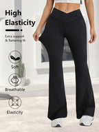 Leggings noirs de printemps taille haute, extensibles, coupe large, légèrement évasés, avec design de taille croisée, pour le sport décontracté, pantalon long