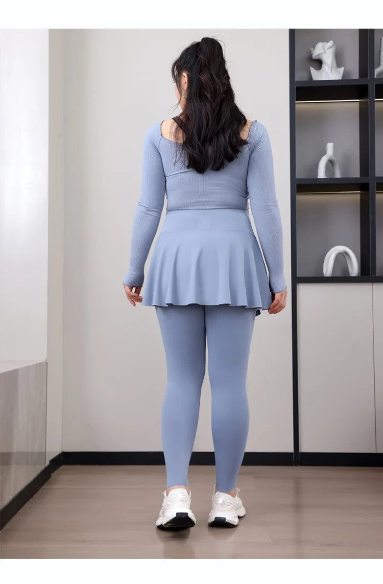 Leggings de Yoga faux deux articles, grande taille, 200lb, avec poches, jupe taille haute en peau de requin, pantalon d'entraînement, collants Slim