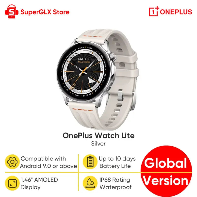 Montre connectée OnePlus Watch Lite version globale, écran AMOLED 1,46'', jusqu'à 10 jours d'autonomie, IP68, BT 5.2, plus de 100 modes sportifs