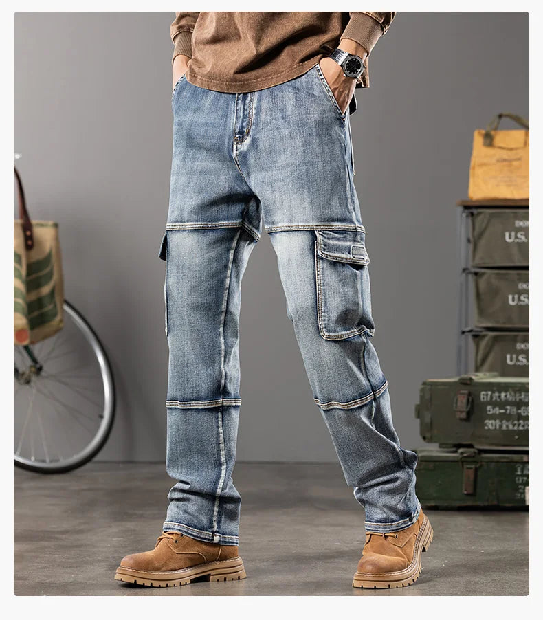 Jeans multi-poches coupe droite pour hommes, vêtements de travail à jambes larges en plein air, grande taille, 42, 44, nouveaux styles, automne et hiver