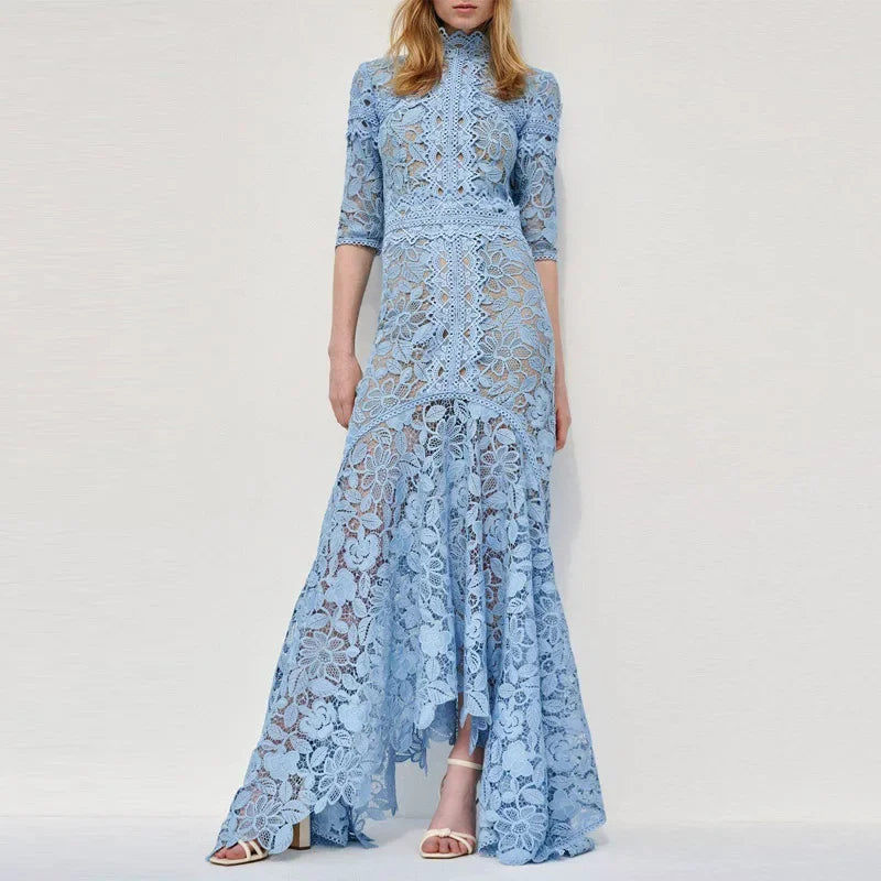 Robe en dentelle bleue mature légère, robe irrégulière, coupe haute et basse, longue, à la mode