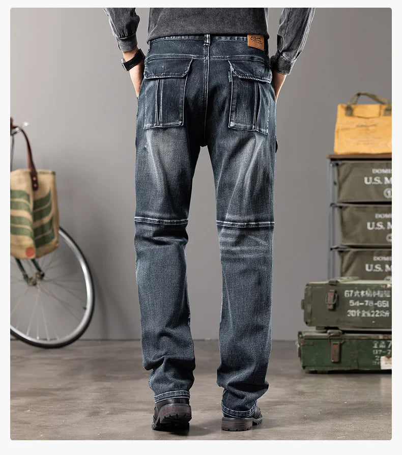 Jeans multi-poches coupe droite pour hommes, vêtements de travail à jambes larges en plein air, grande taille, 42, 44, nouveaux styles, automne et hiver
