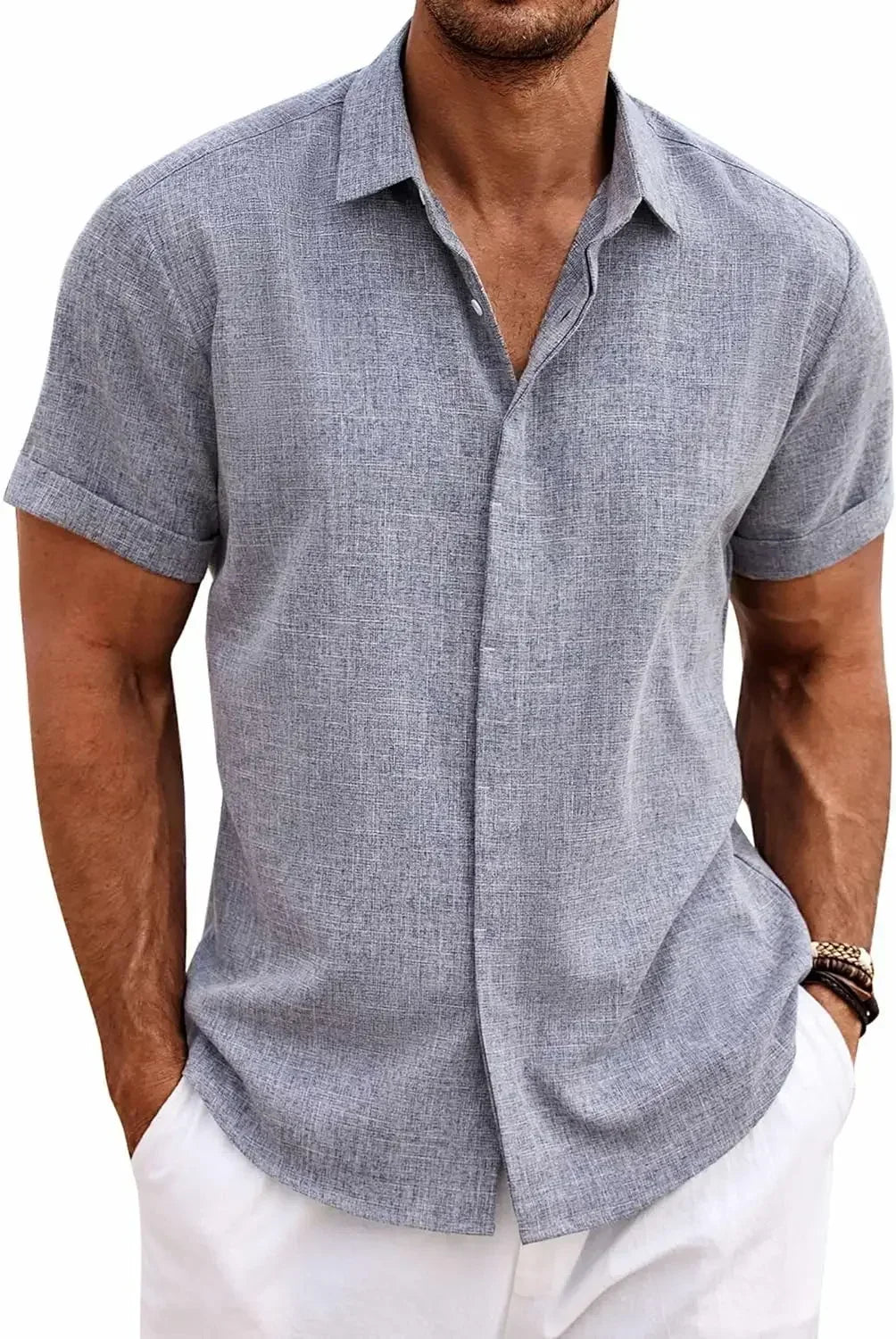 Chemise décontractée à manches courtes pour hommes, couleur unie, pull à boutons, lin, coton, confortable, haut quotidien, chemise de plage, d'été