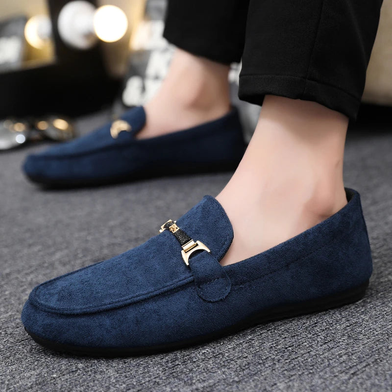 Mocassins en daim bleu pour hommes, chaussures de conduite plates respirantes, mocassins souples à enfiler, chaussures décontractées en cuir faites à la main, printemps et été