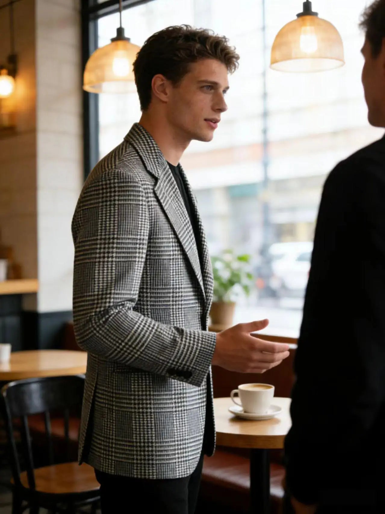 Blazer Homme Slim Fit en Mélange de Laine à Carreaux Pied-de-Poule, Veste Décontractée à Deux Boutons avec Revers Cranté, Idéal pour Tenues Professionnelles et Formelles