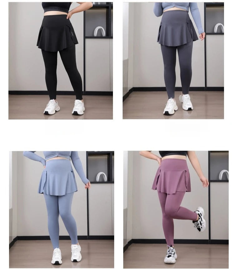 Leggings de Yoga faux deux articles, grande taille, 200lb, avec poches, jupe taille haute en peau de requin, pantalon d'entraînement, collants Slim