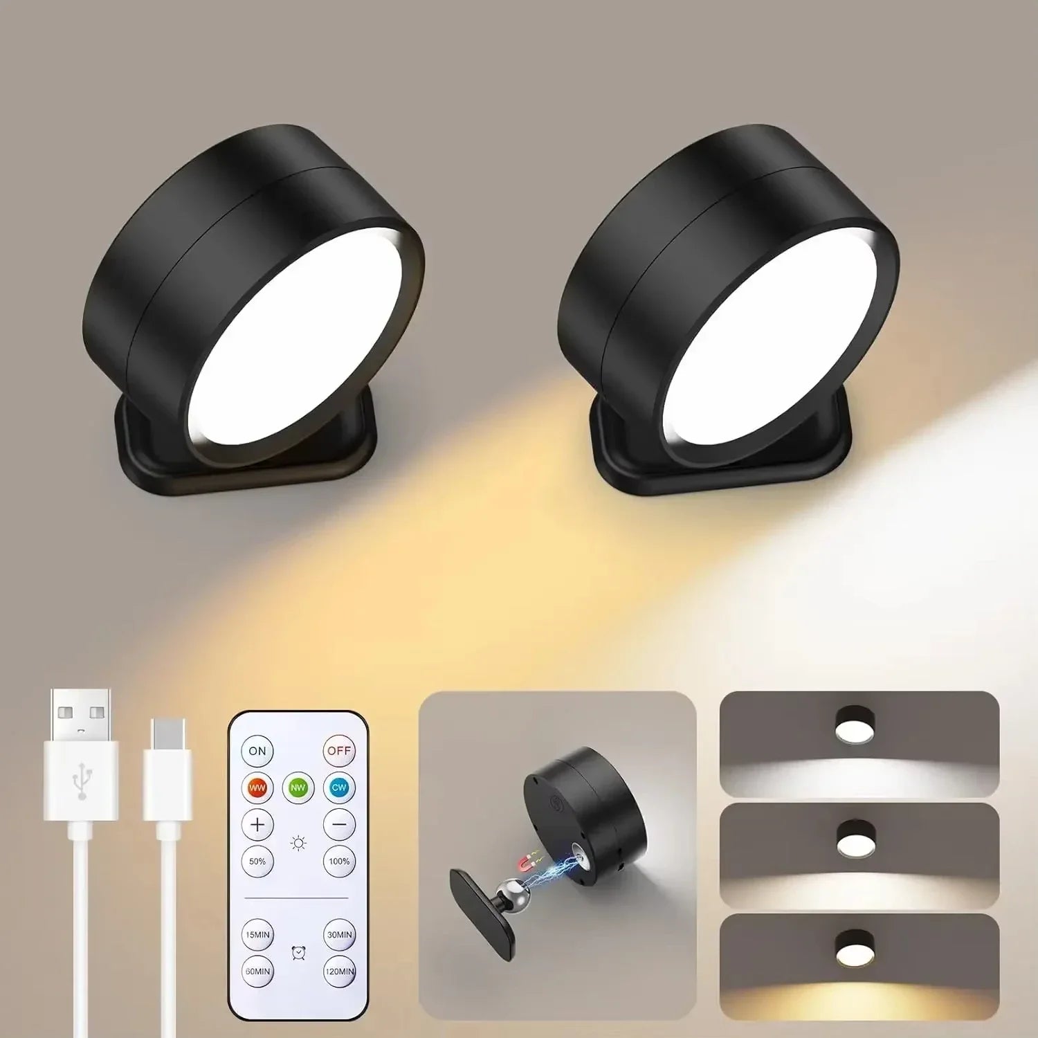 Lampes murales LED avec télécommande, appliques murales magnétiques sans fil, 3 couleurs, variable, rechargeable par USB, pour chambre à coucher, lampe de chevet