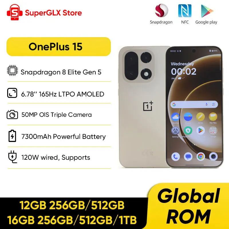 Version chinoise du smartphone OnePlus 15 débloqué 5G, Snapdragon 8 Elite Gen 5, écran 6,78'' 165Hz, appareil photo 50MP, batterie 7300mAh, NFC