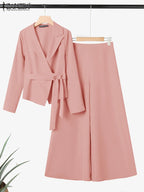 ZANZEA élégant 2 pièces pantalon ensembles à manches longues ceinturé léger Blazer et jambe large pantalon 2 pièces costumes bureau dame ensembles de déplacement