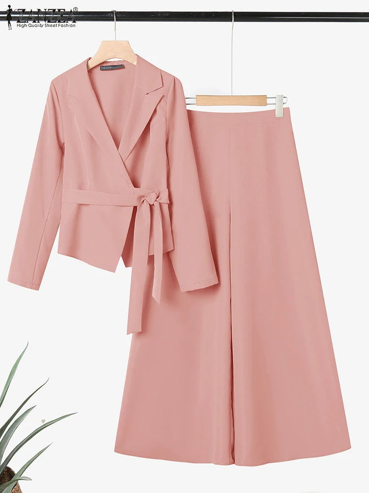 ZANZEA élégant 2 pièces pantalon ensembles à manches longues ceinturé léger Blazer et jambe large pantalon 2 pièces costumes bureau dame ensembles de déplacement