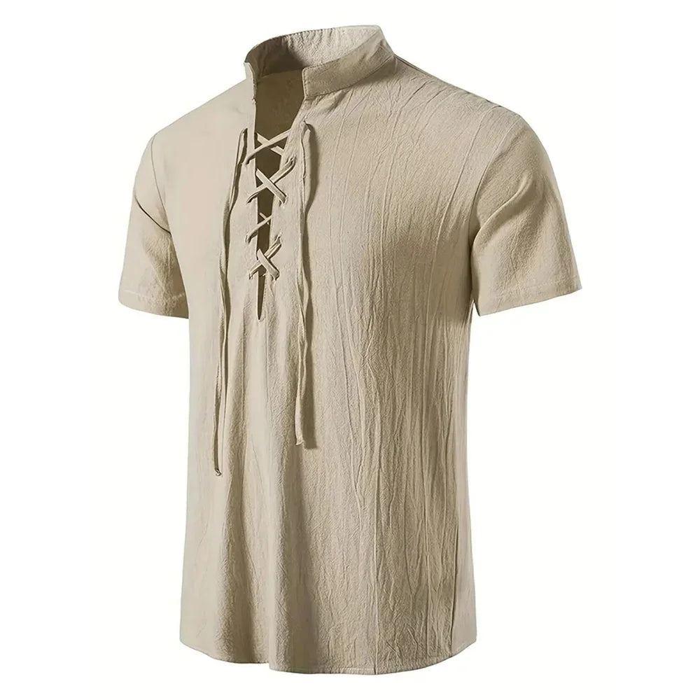 Chemise rétro à manches courtes pour hommes, en coton et lin, légère, respirante, couleur unie, hauts à la mode, col en v Pirate, chemises élégantes pour hommes