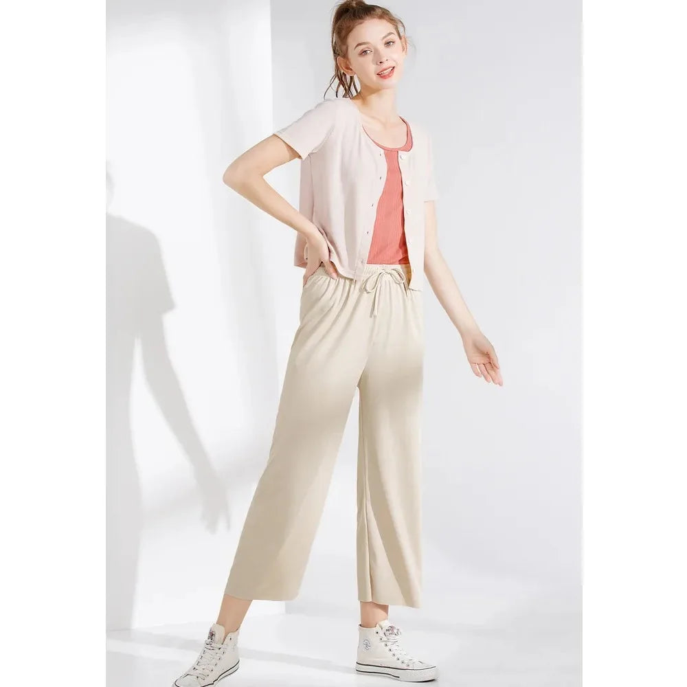 Pantalon large décontracté pour femme, longueur cheville, taille élastique, en soie glacée, couleur unie, printemps-été