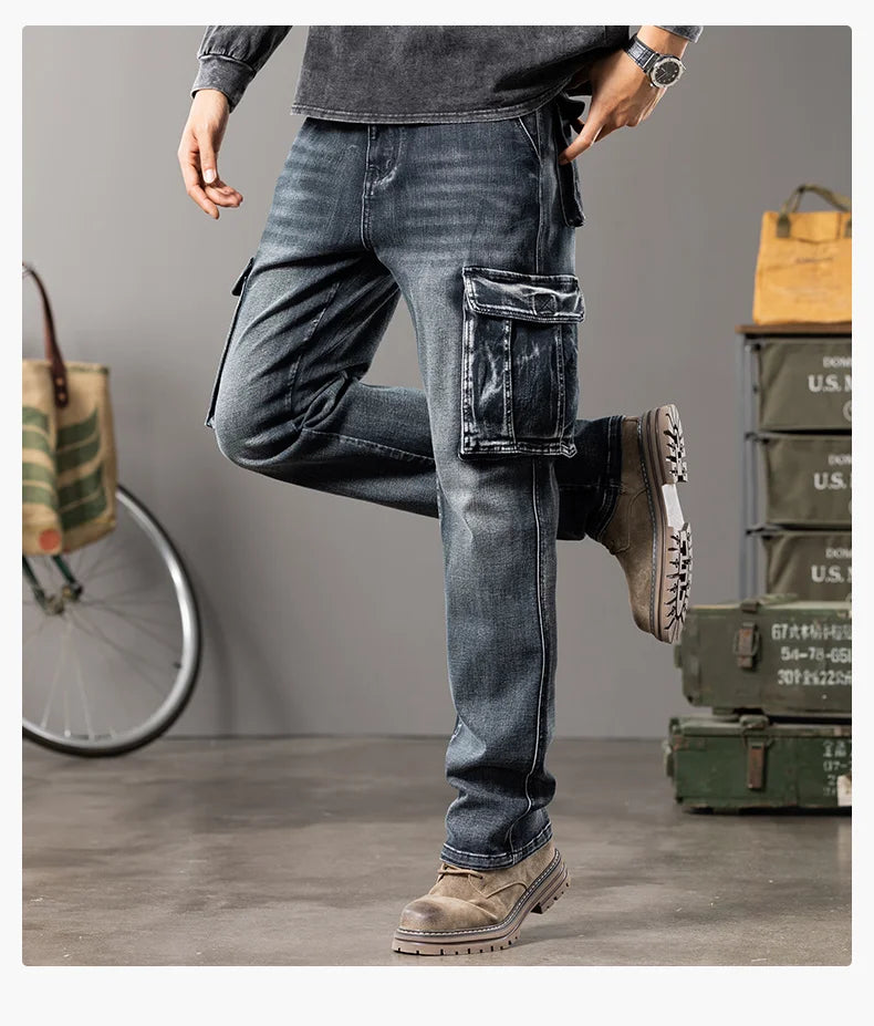 Jeans multi-poches coupe droite pour hommes, vêtements de travail à jambes larges en plein air, grande taille, 42, 44, nouveaux styles, automne et hiver