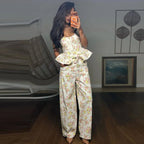 Ensemble pantalon long imprimé floral pour femme – Gilet élégant sans manches et dos nu avec pantalon large – Tenue chic pour les vacances d'été