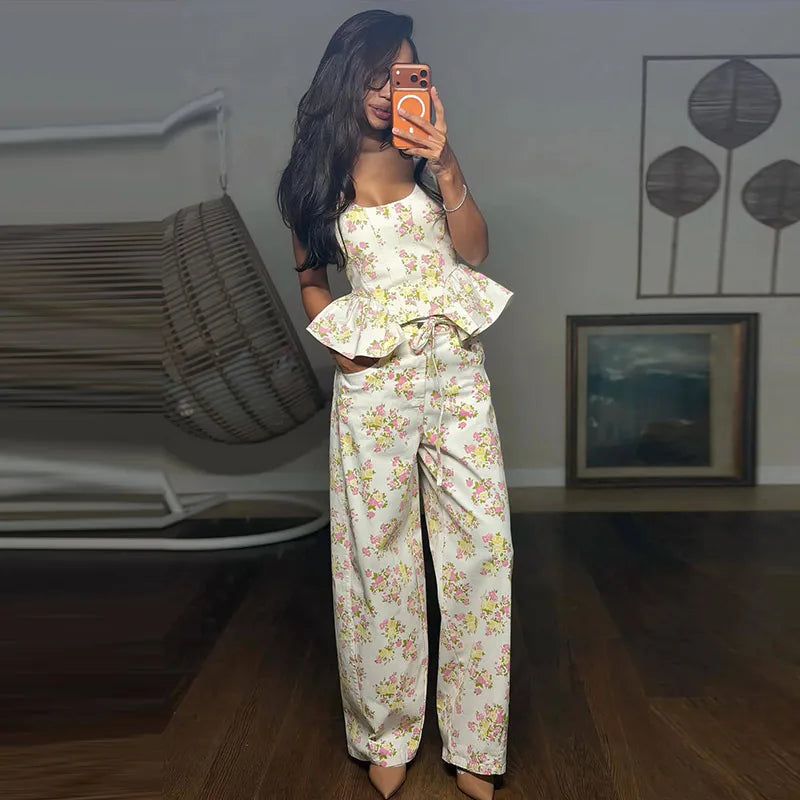 Ensemble pantalon long imprimé floral pour femme – Gilet élégant sans manches et dos nu avec pantalon large – Tenue chic pour les vacances d'été